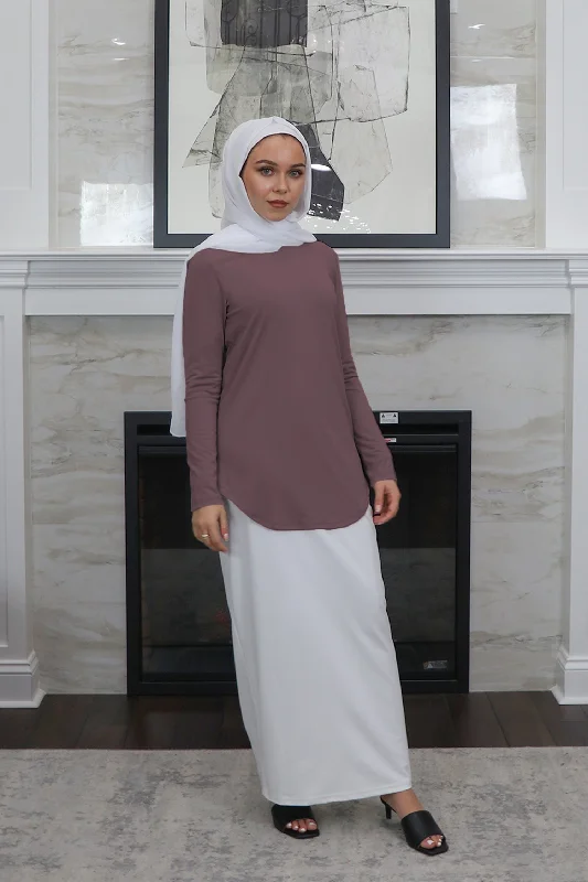 casual prom dress-High Neck Long Sleeve Top- Dark Lavender