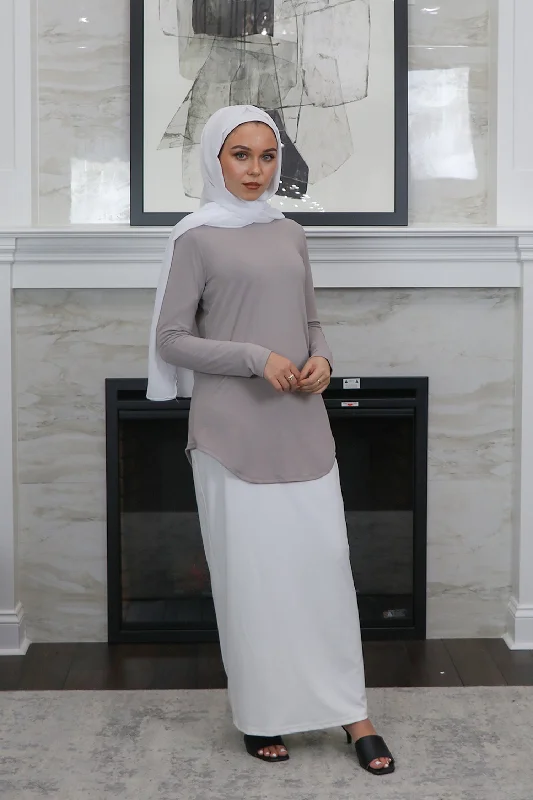 festive prom dress-High Neck Long Sleeve Top- Light Gray