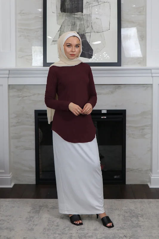 modern prom dress-High Neck Long Sleeve Top- Mahogany