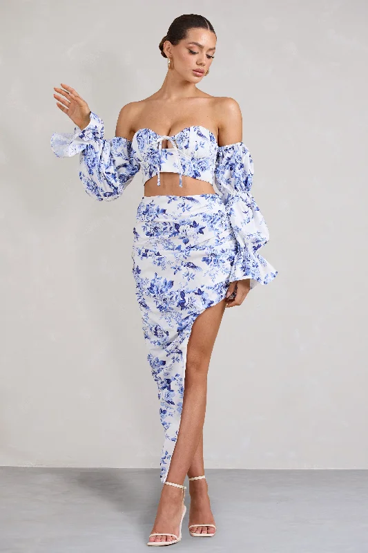 mock neck prom dress-Holiday | Blue Floral Ruched Asymmetric Maxi Skirt