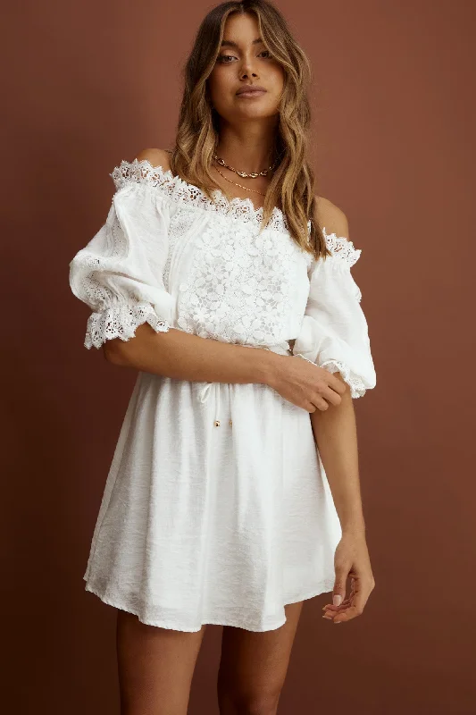 smocked peasant dress-Homeward Off-Shoulder Lace Dress White