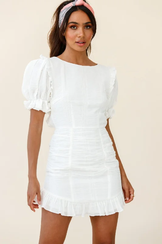 smocked boho dress-Icing On The Cake Open Back Ruched Dress White