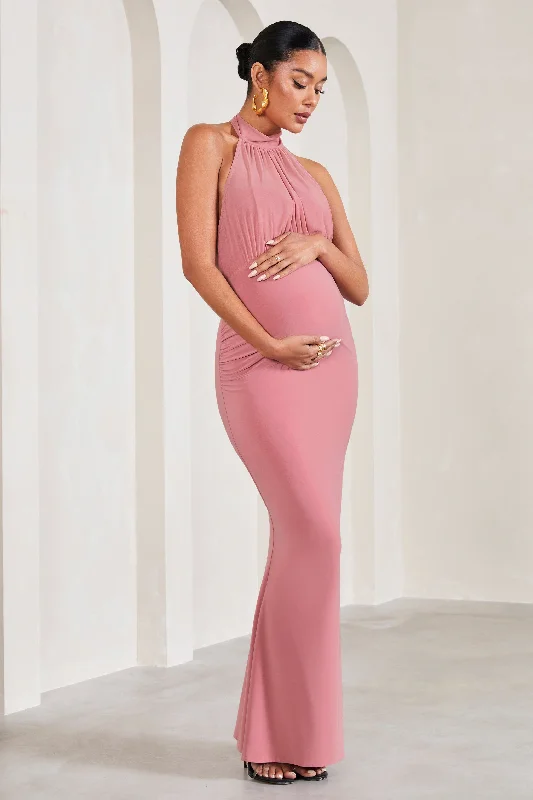 casual evening dress-In My Heart | Blush Pink Mesh Halter-Neck Sleeveless Maternity Maxi Dress