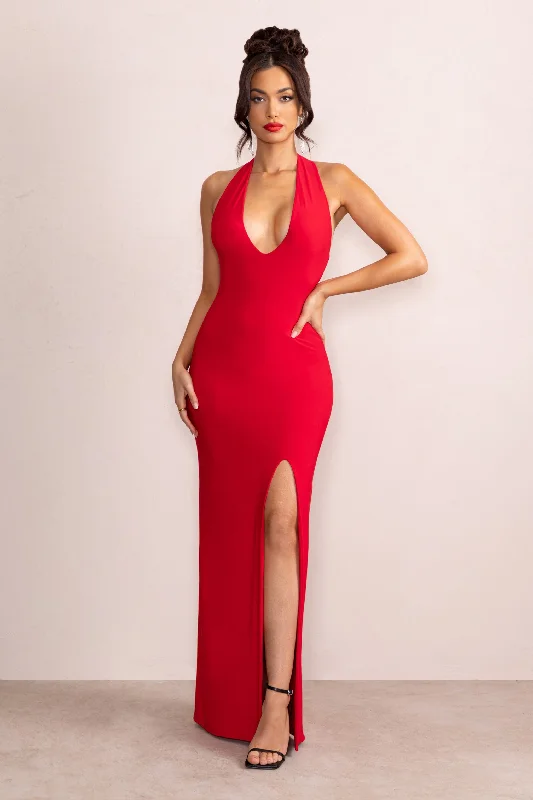 bronze party dress-Ines | Red Plunge Neck Sculptured Back Maxi Dress