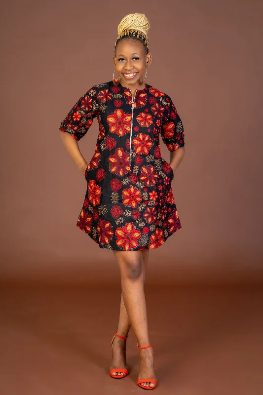 cinched cocktail dress-Janie Ankara Shirt Dress | Black and Red African Print