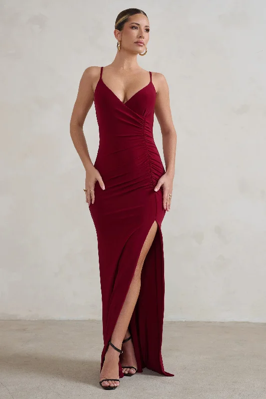 violet prom dress-Jeanne | Berry Red Plunge Ruched Cami Maxi Dress With Split