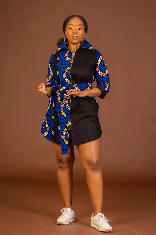 faux leather cocktail dress-Jenna Ankara Short Shirt Dress | Blue and Pink African Print