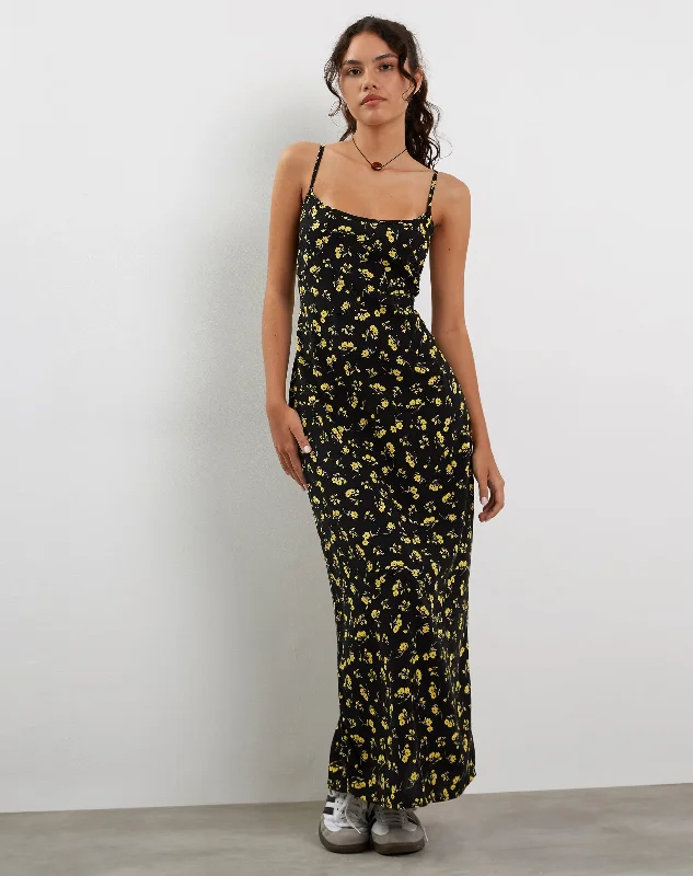 deep plunge prom dress-Kafka Maxi Dress in Buttercup Black and Yellow