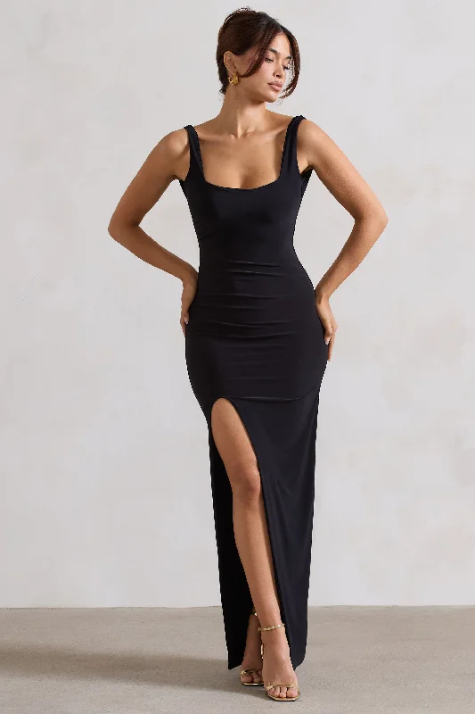 checked cocktail dress-Kate | Black Square Neck Maxi Dress with Plunge Back and Side Thigh Split