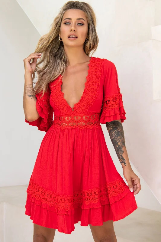 tartan shirt dress-Kauai V-Neckline Crochet Lace Trim Dress Red