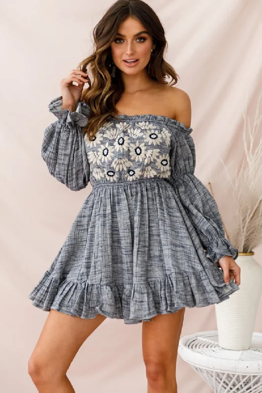 platinum silver dress-Kayla Off-Shoulder Daisy Embroidered Dress Blue