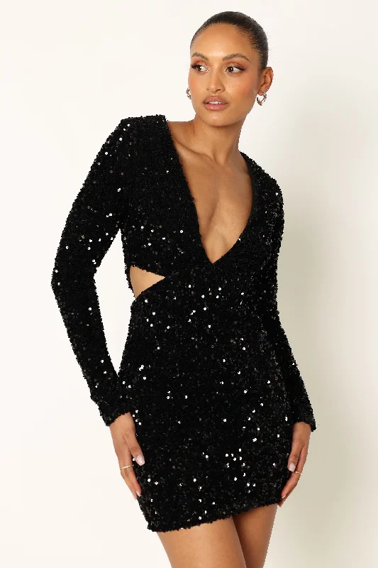 snap button dress-Kelly Long Sleeve Sequin Mini Dress - Black