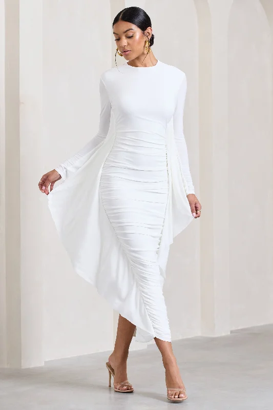 cozy midi dress-Keva | White Long Sleeve Ruched Maxi Dress with Cape Detailing