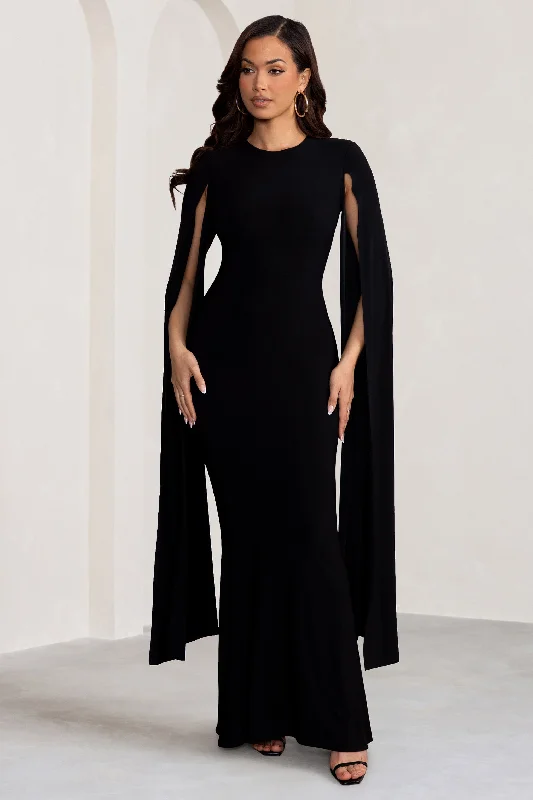 voluminous sundress-Kimmy | Black High Neck Maxi Dress with Cape Sleeves