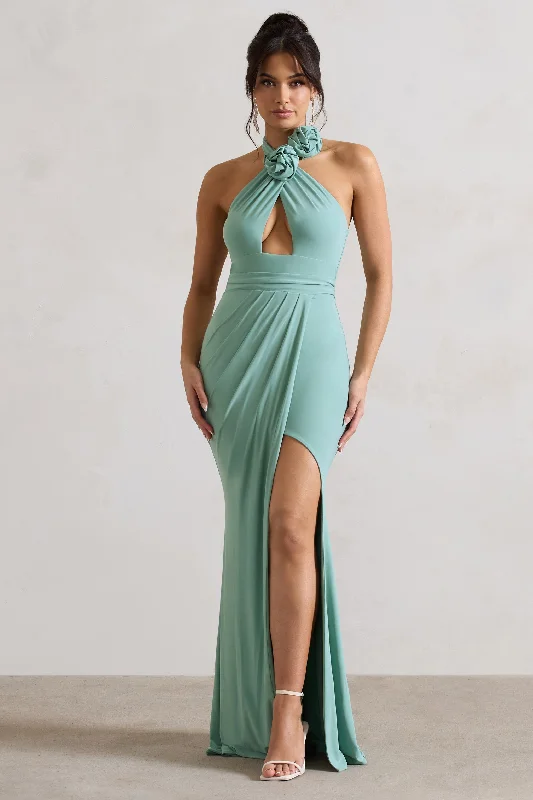 hand-stitched evening dress-Kira | Sage Halter-Neck Cut-Out Split Maxi Dress With Flowers