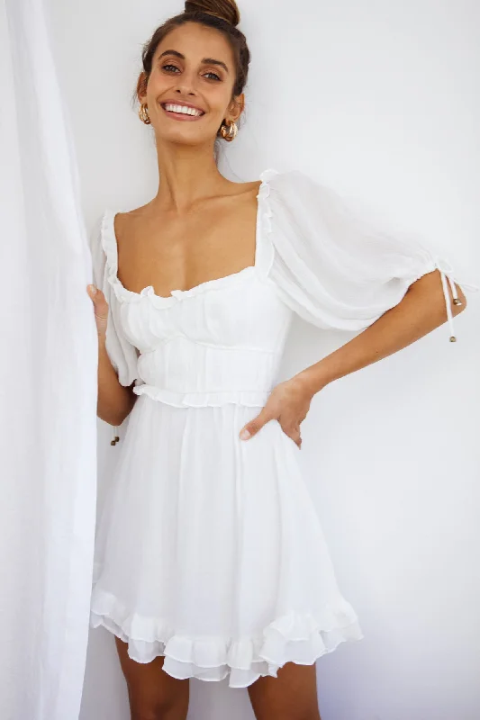 fishtail evening dress-Kirra Puff Sleeve Ruched Bodice Dress White