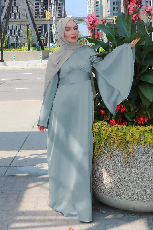 fishtail cocktail dress-LaMeera Drape Sleeves Satin Dress - Mint Gray