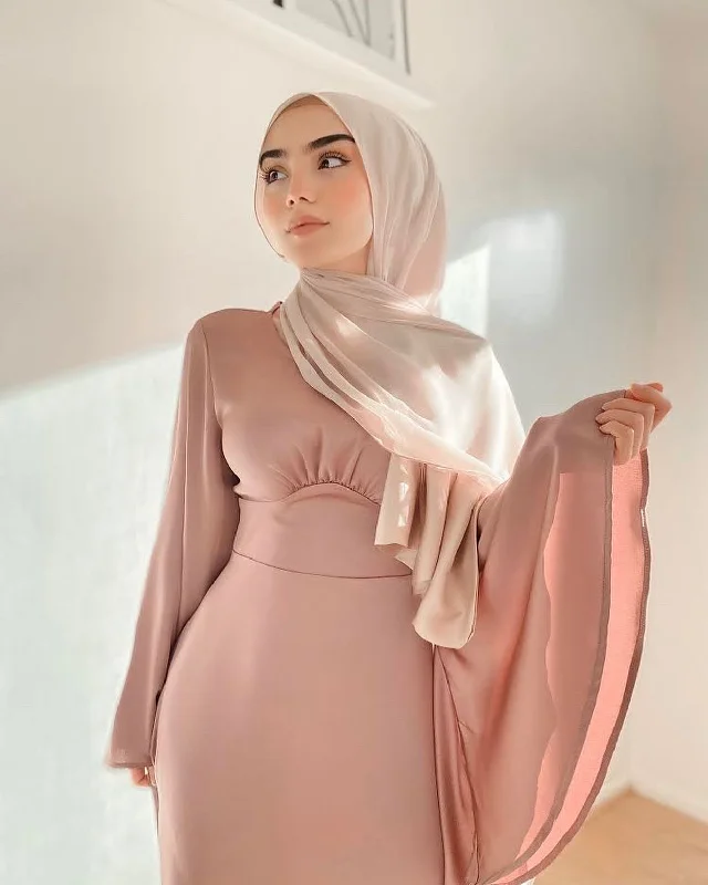 structured sundress-LaMeera Drape Sleeves Satin Dress - Dusty Rose