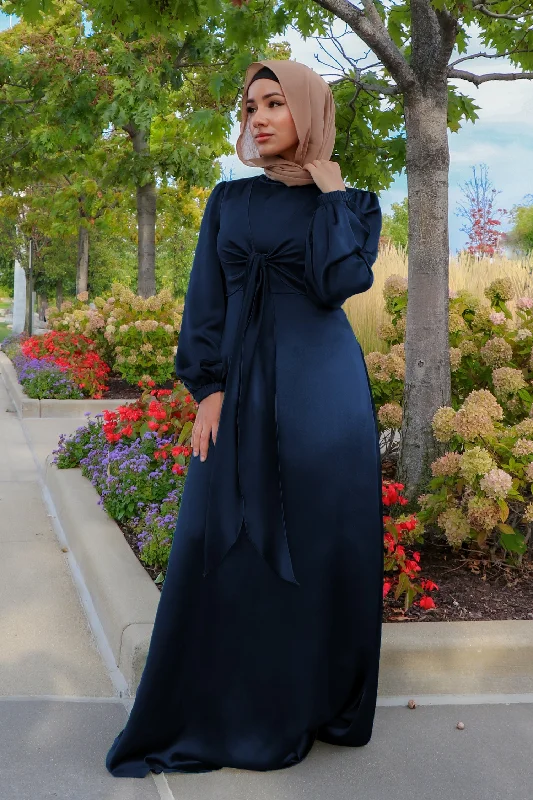 oatmeal maxi dress-LaMeera Tie Front Satin Dress - Midnight Blue