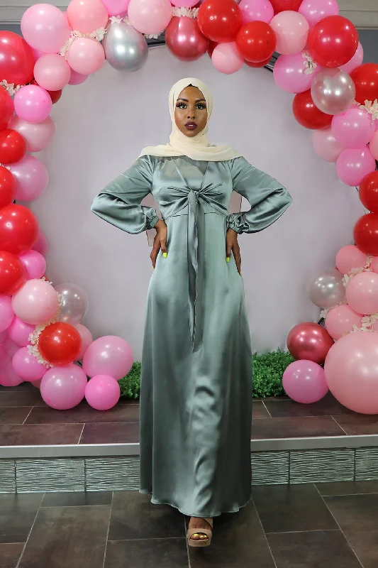 flared evening dress-LaMeera Tie Front Satin Dress - Mint Gray