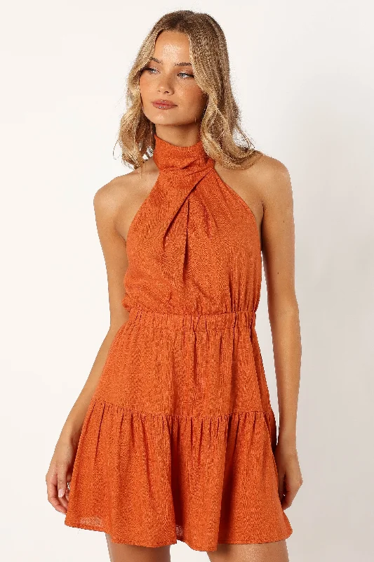 golden champagne dress-Langford Halterneck Mini Dress - Apricot