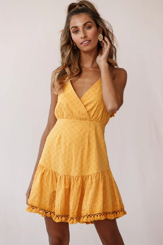 violet lace dress-Lazy Days Tied Back Tassel Trim Dress Mustard