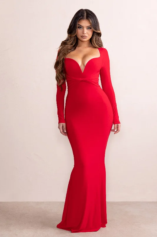 platinum sundress-Leah | Red Plunge Sweetheart Neckline Fishtail Maxi Dress With Twist Front Detail