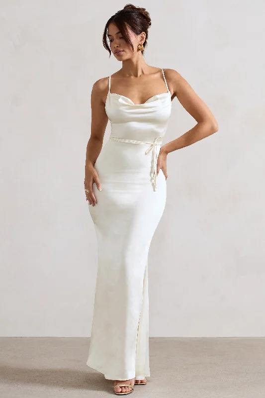 accordion maxi dress-Lifetime | Ivory Satin Cowl Neck Maxi Dress With Cross Back Detail