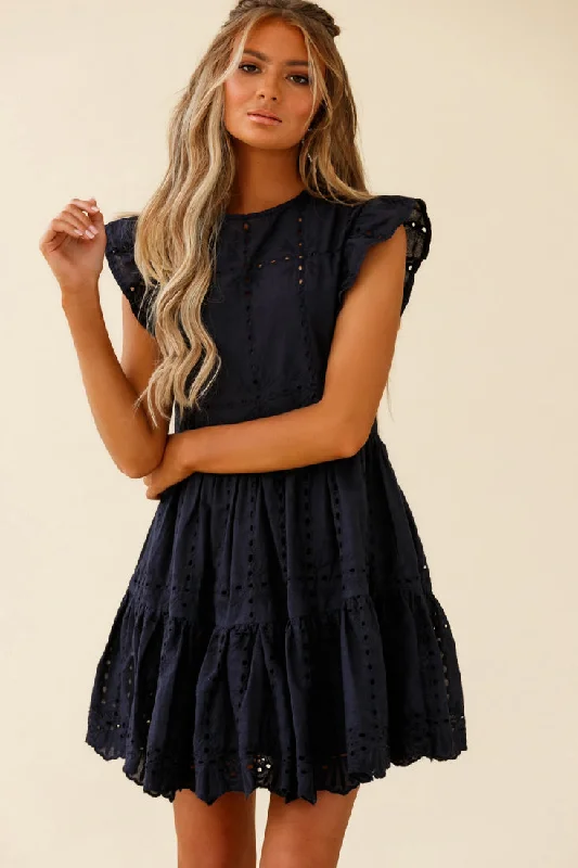 tropical boho dress-Louise Cap Sleeve Eyelet Embroidery Dress Navy