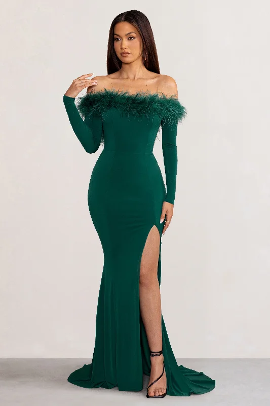 flared evening dress-Lucilu | Bottle Green Feather Bardot Long Sleeve Maxi Dress with Side Split