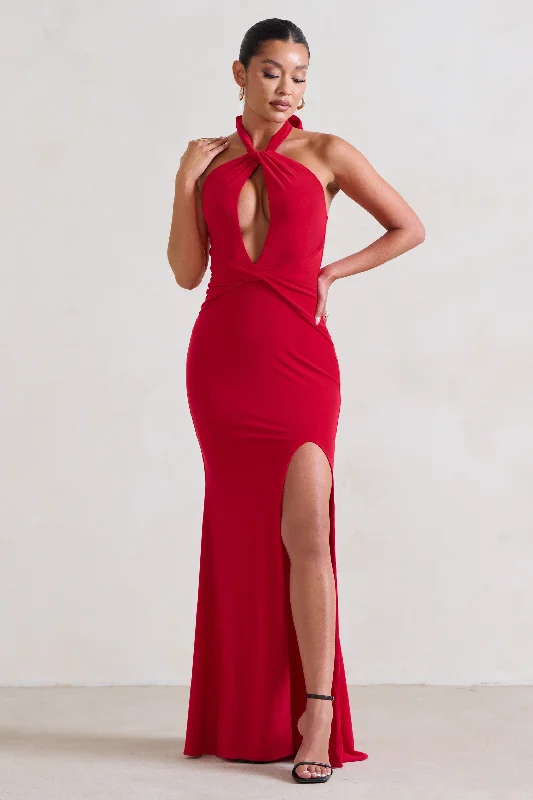 wine red sundress-Luxuria | Red Halter Cut Out Maxi Dress