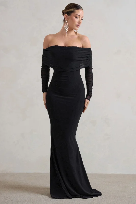 charcoal grey prom dress-Madeleine | Black Fishtail Maxi Dress With Bardot Mesh Long Sleeves