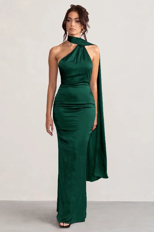 flared prom dress-Mademoiselle | Bottle Green Satin Asymmetric Scarf Neck Backless Maxi Dress