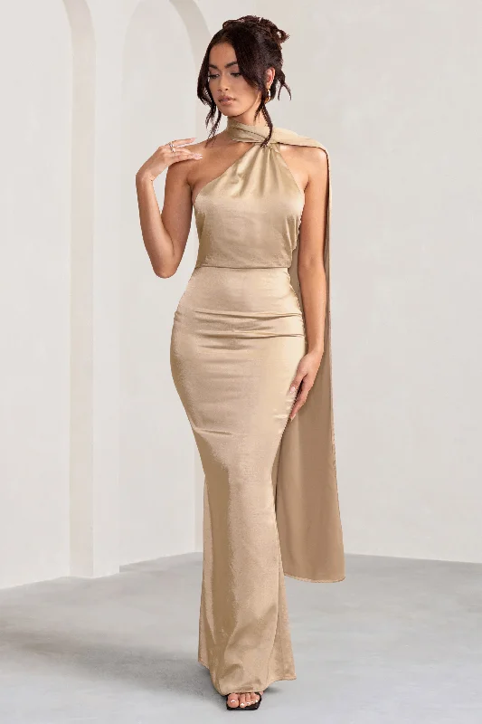 puffed sleeve sundress-Mademoiselle | Champagne Satin Asymmetric Scarf Neck Backless Maxi Dress