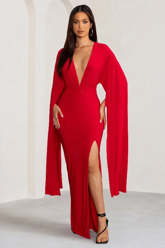 breezy midi dress-Maggie | Red Plunge Neck Maxi Dress with Cape Sleeves and Thigh Split