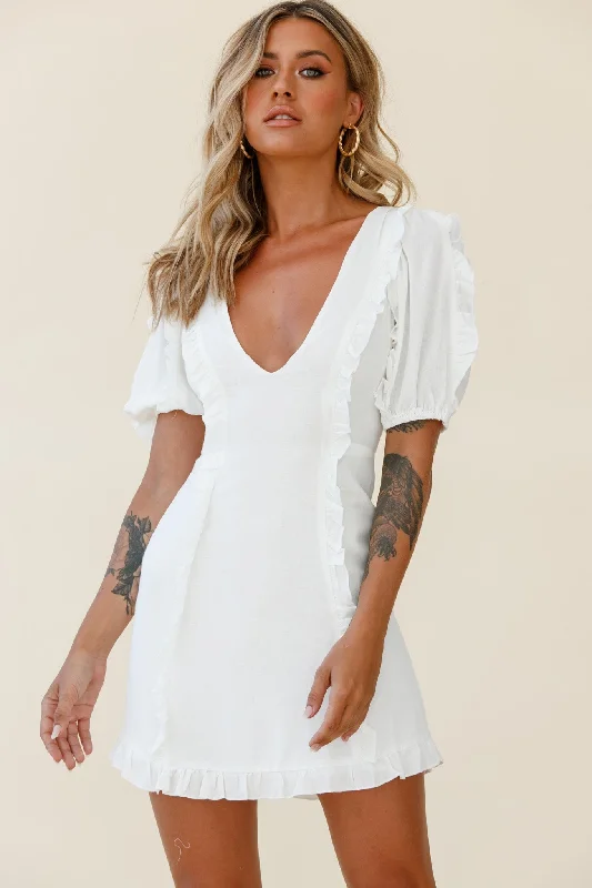 indigo evening dress-Maisy Puff Sleeve Frill Trim Dress White