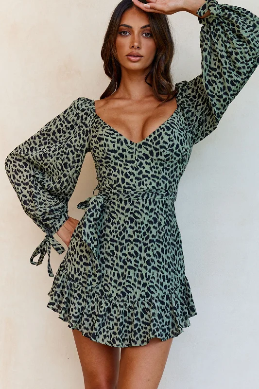 forest green dress-Make Memories Balloon Sleeve Molded Bust Dress Animal Print Olive