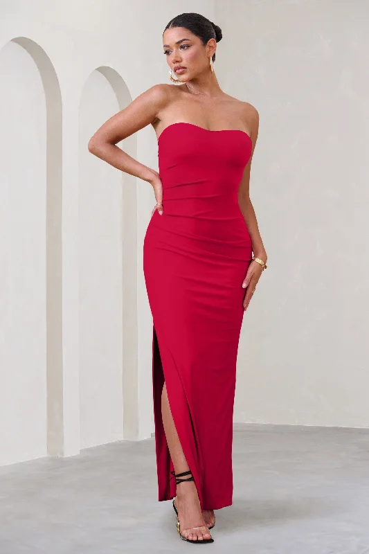 casual silk dress-Manon | Red Sweetheart Bandeau Maxi Dress With Thigh Split