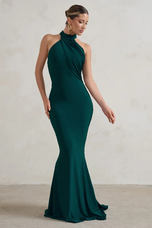 jet black cocktail dress-Marion | Green High Neck Maxi Dress With Statement Train