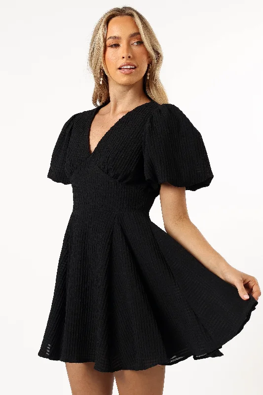 cinched evening dress-Max Short Sleeve Mini Dress - Black