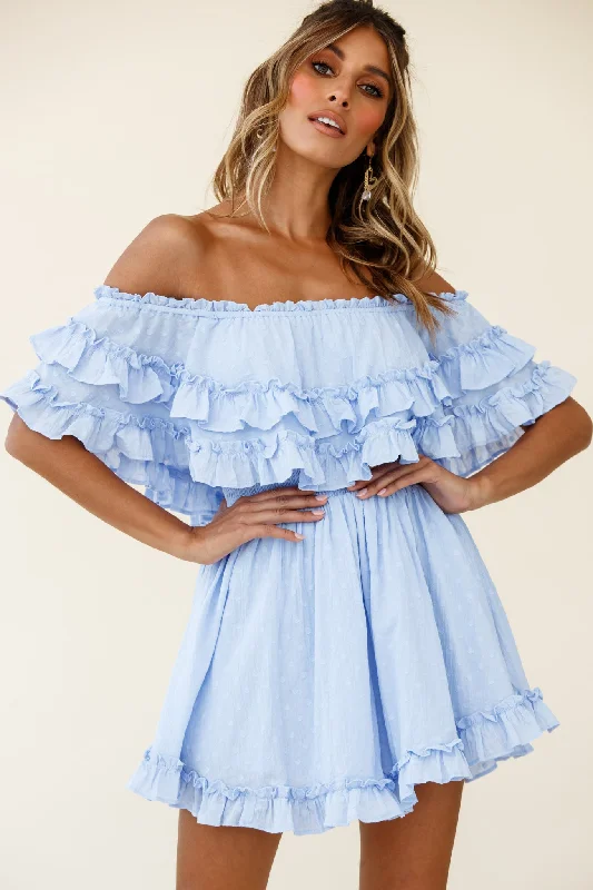 relaxed prom dress-Meet Me At Sunset Bardot Neckline Frill Trim Dress Spotty Steel Blue