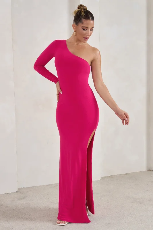 platinum cocktail dress-Melanie | Hot Pink One Shoulder Split Maxi Dress