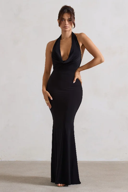 ivory cocktail dress-Milani | Black Backless Cowl Neck Fishtail Maxi Dress