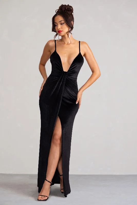 dusty rose maxi dress-Miranda | Black Velvet Plunge Neck Twist Maxi Dress