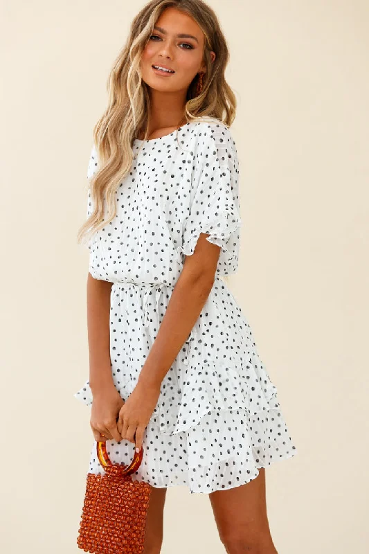 checked cocktail dress-Mollina Frill Sleeve Layered Hem Dress Spot Print White