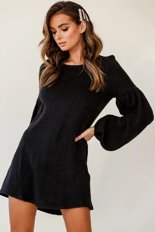 soft peach dress-Morais Puff Sleeved Sweater Dress Black