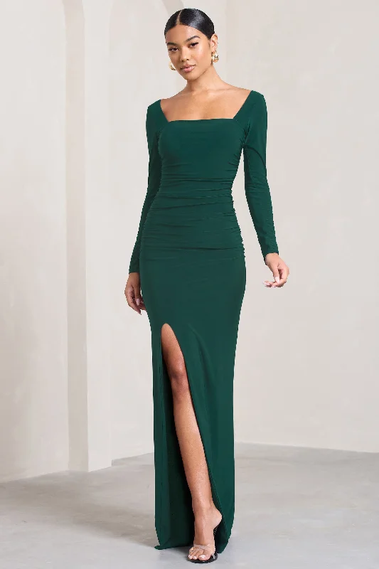 checked prom dress-My Pleasure | Bottle Green Square Neck Ruched Maxi Dress