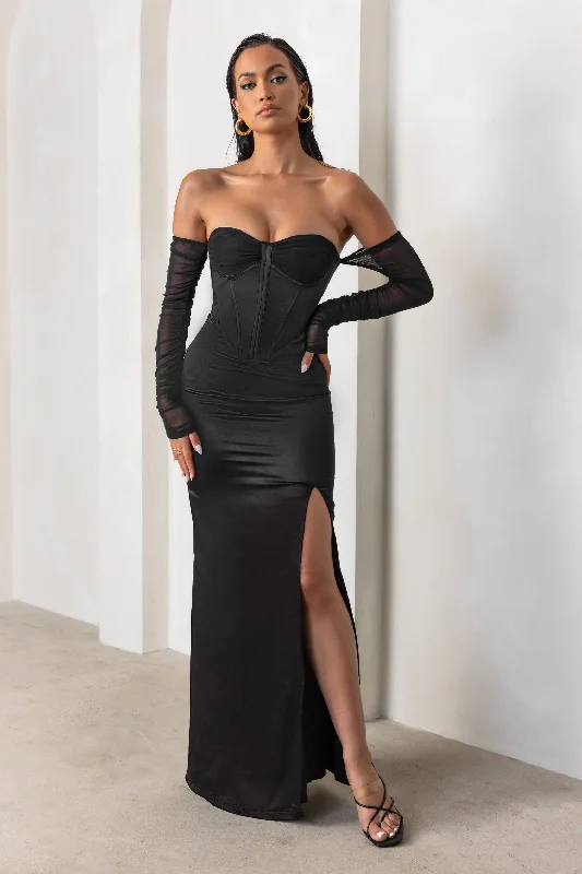 jet black dress-My Prize | Black Satin Bardot Mesh Long Sleeves Maxi Dress With Thigh Split