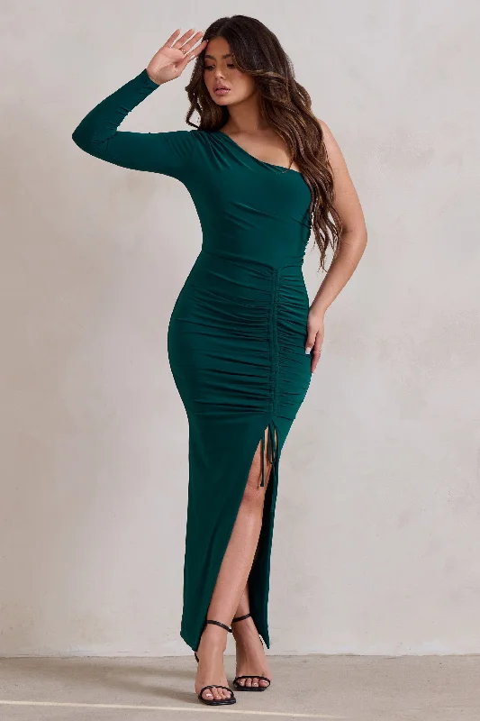 cocoa brown dress-Mystical | Bottle Green One Shoulder Maxi Dress With Side Split