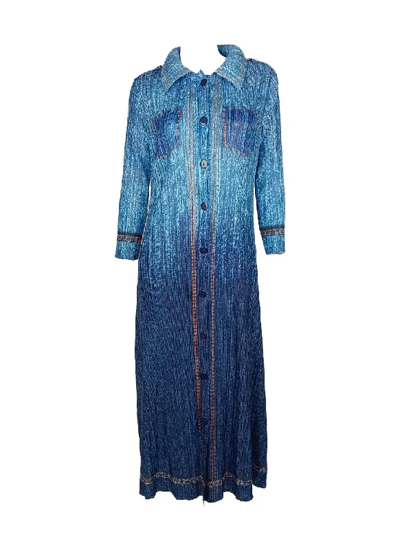 fishtail sundress-N240024 Long-Sleeve Denim Printed Pleats Dress *Blue